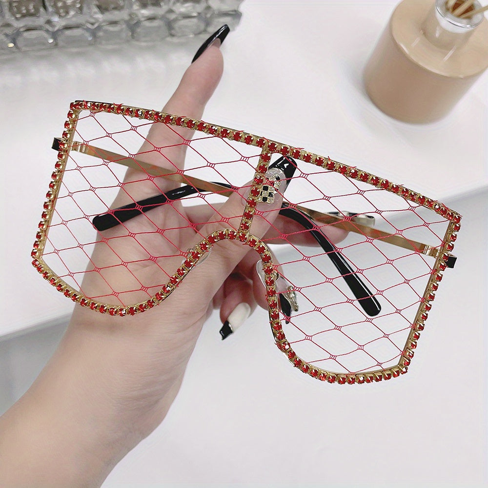 Women's Fashion Shield Glasses with Mesh and Rhinestones for Party and Prom