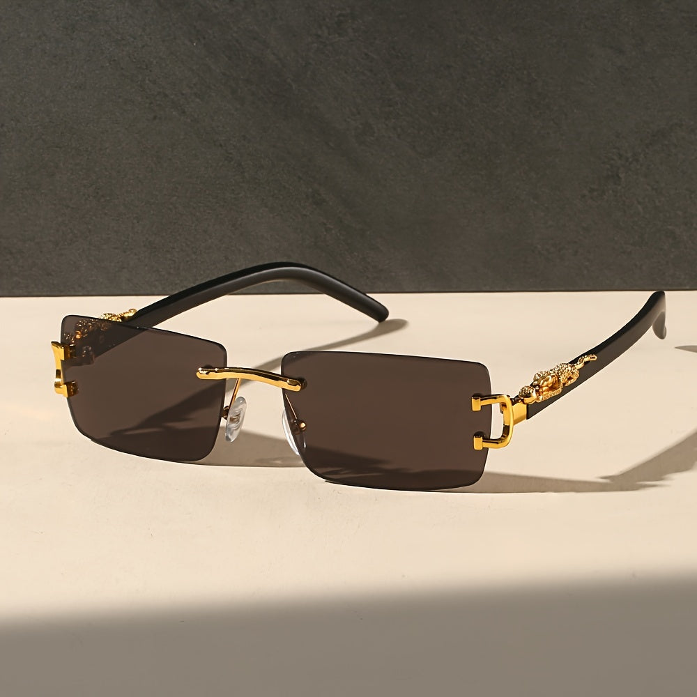 Men's Vintage Rimless Glasses Brown PC Lenses Gold-Tone Zinc Alloy Frame Casual Sports