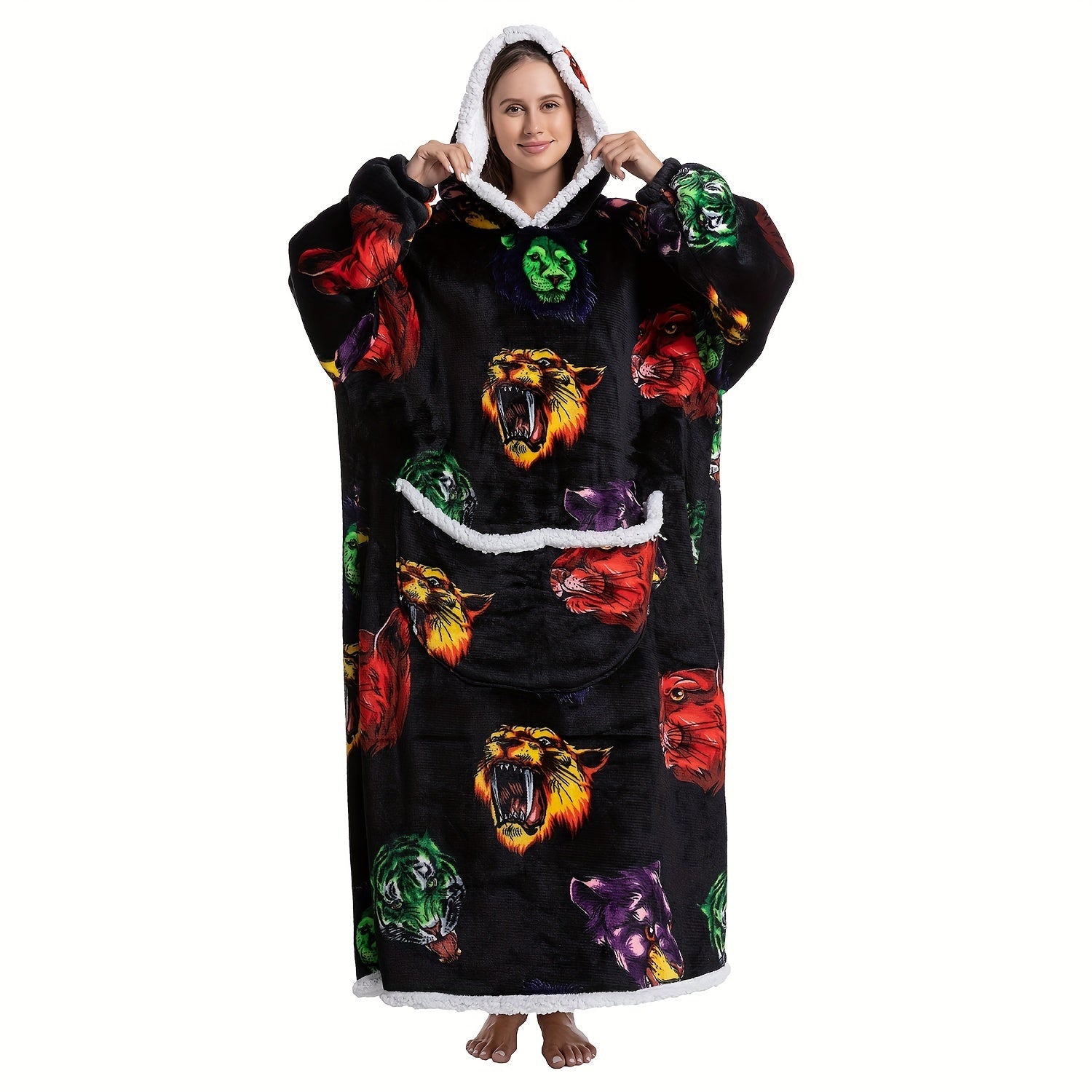 Adult Wearable Blanket Hoodie with Flannel Animal Print Oversized Cozy Knit