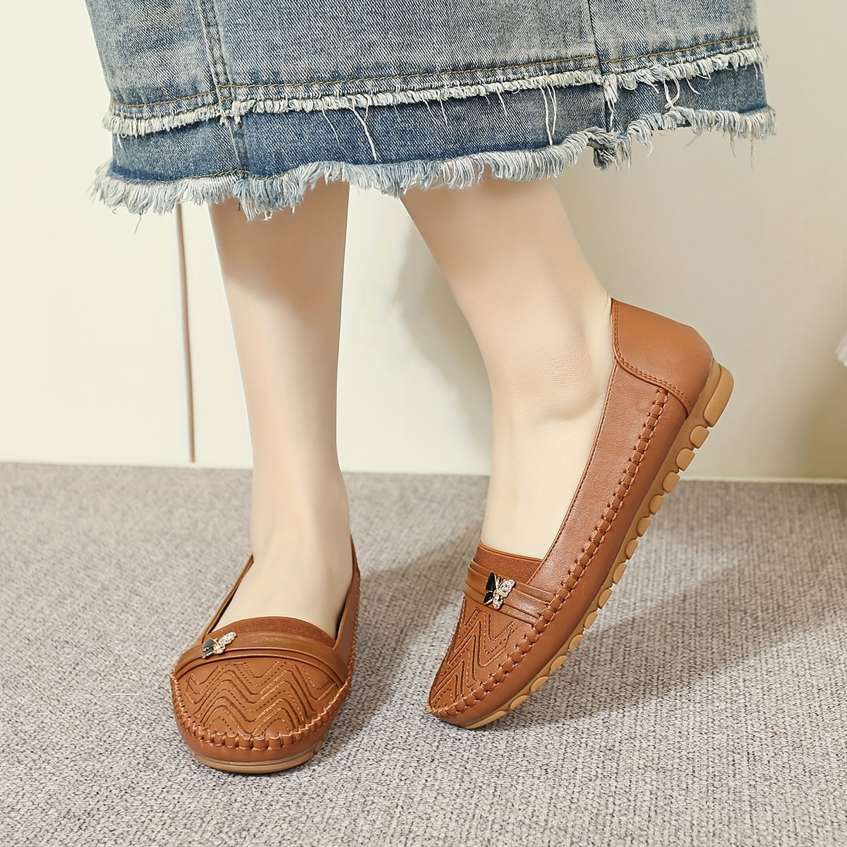 Women's Leather Slip-On Loafers with Non-Slip Sole and Soft Cover
