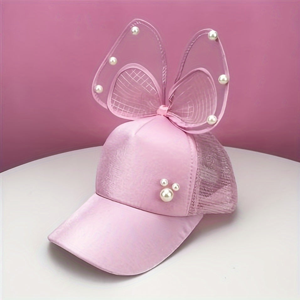 Kids Sun Hat with Letter Cartoon Ribbon Bow Breathable Fitted Sun Protection for Ages 3-14