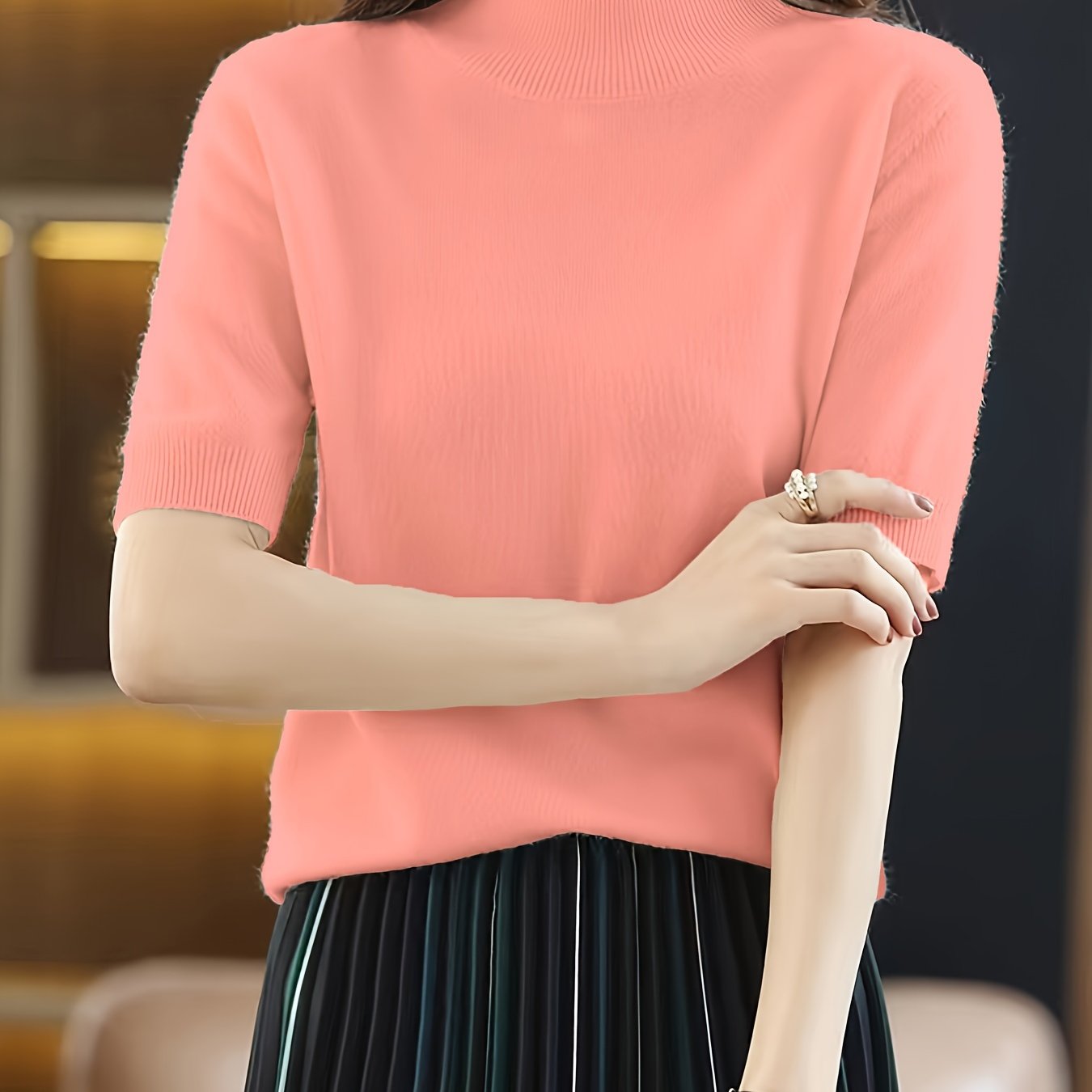 Suéter de punto para mujer con cuello alto de canalé, color sólido, para todas las estaciones