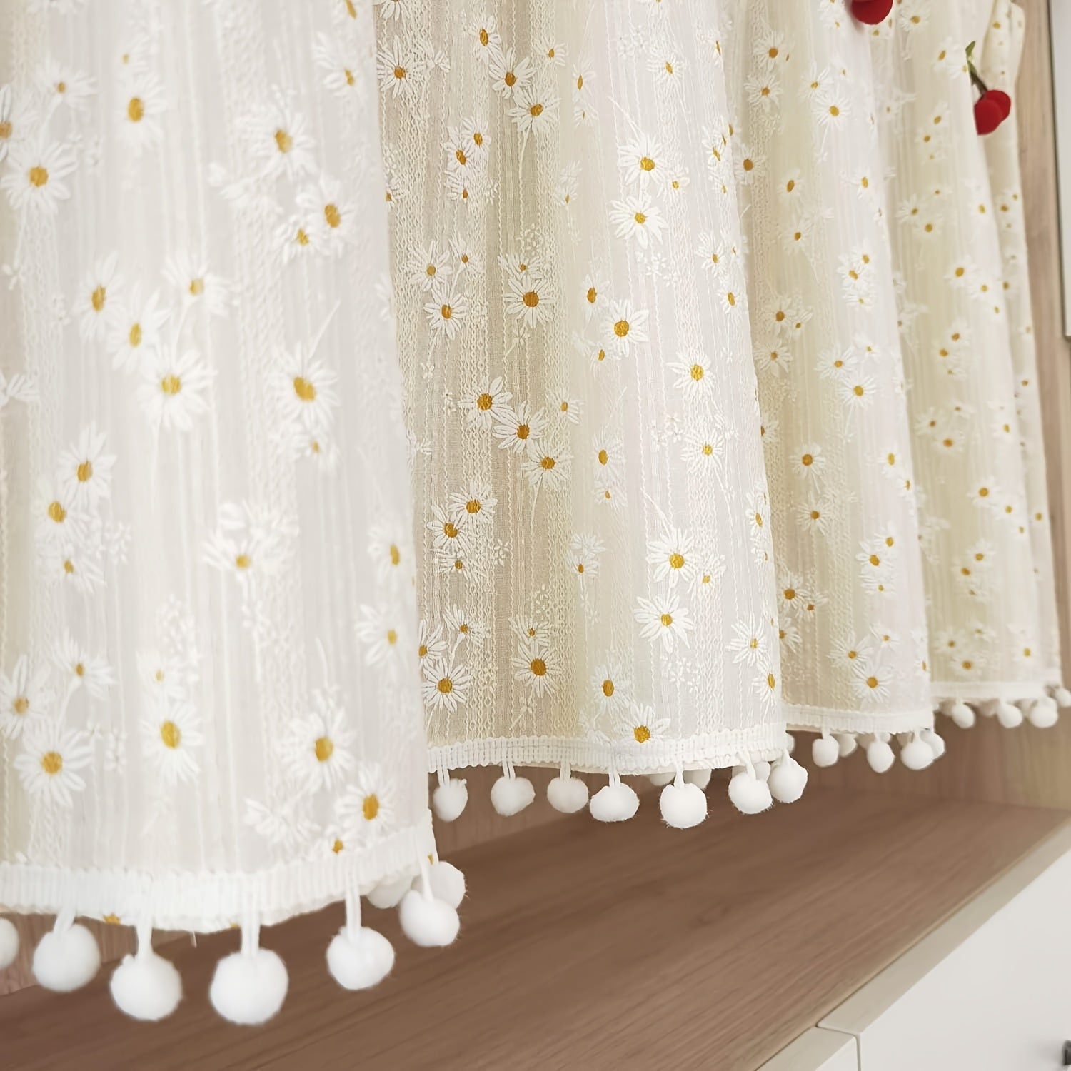 Country Chic Red Daisies and Cherries Curtains with Rod Pocket for Kitchen and Porch