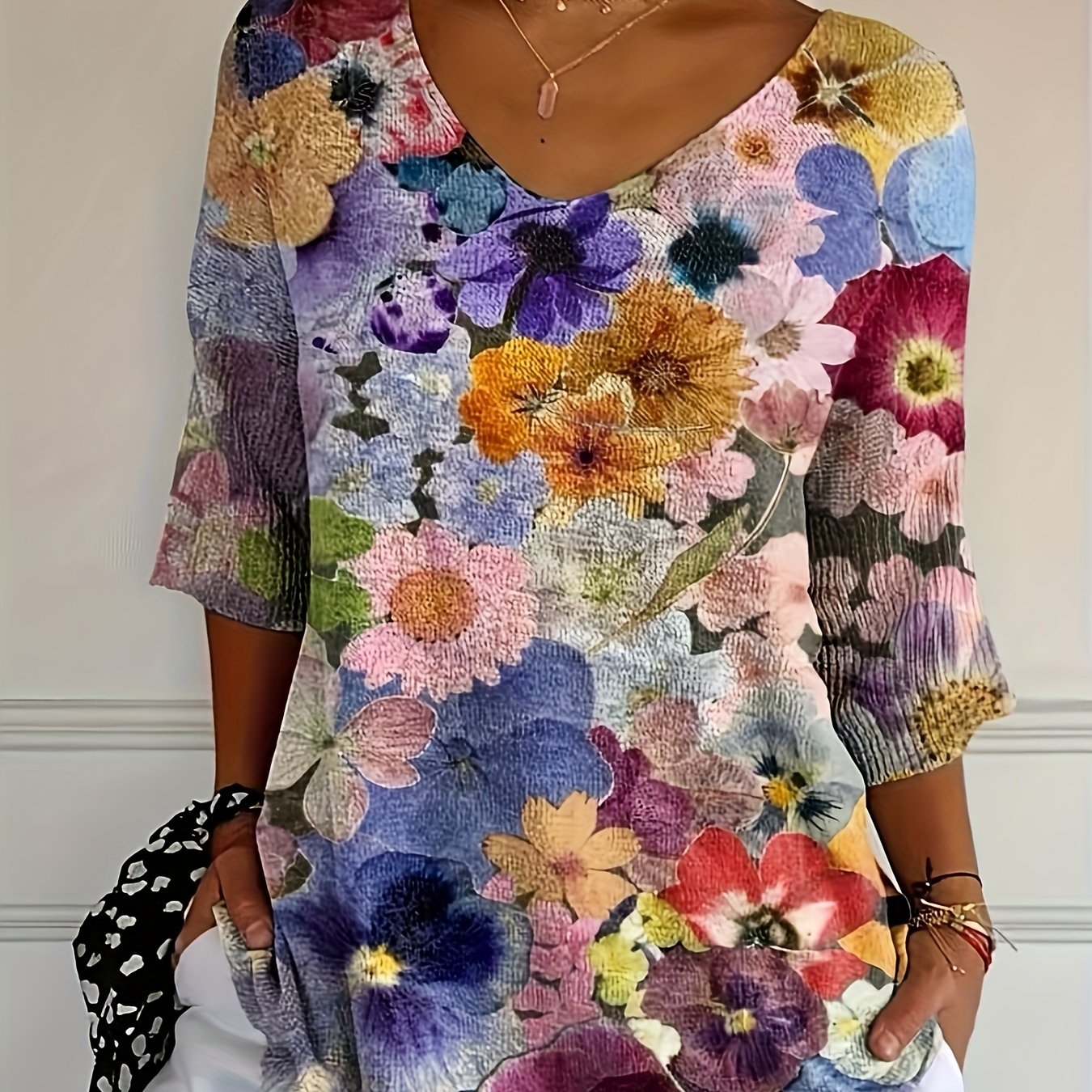 Women's Floral V-Neck Top Medium Sleeve Pullover Plus Size for Spring Summer Fall