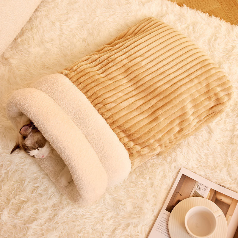 360° Wrap Plush Cat Sleeping Bag Beige Light Brown Winter Cozy Snuggle Bed