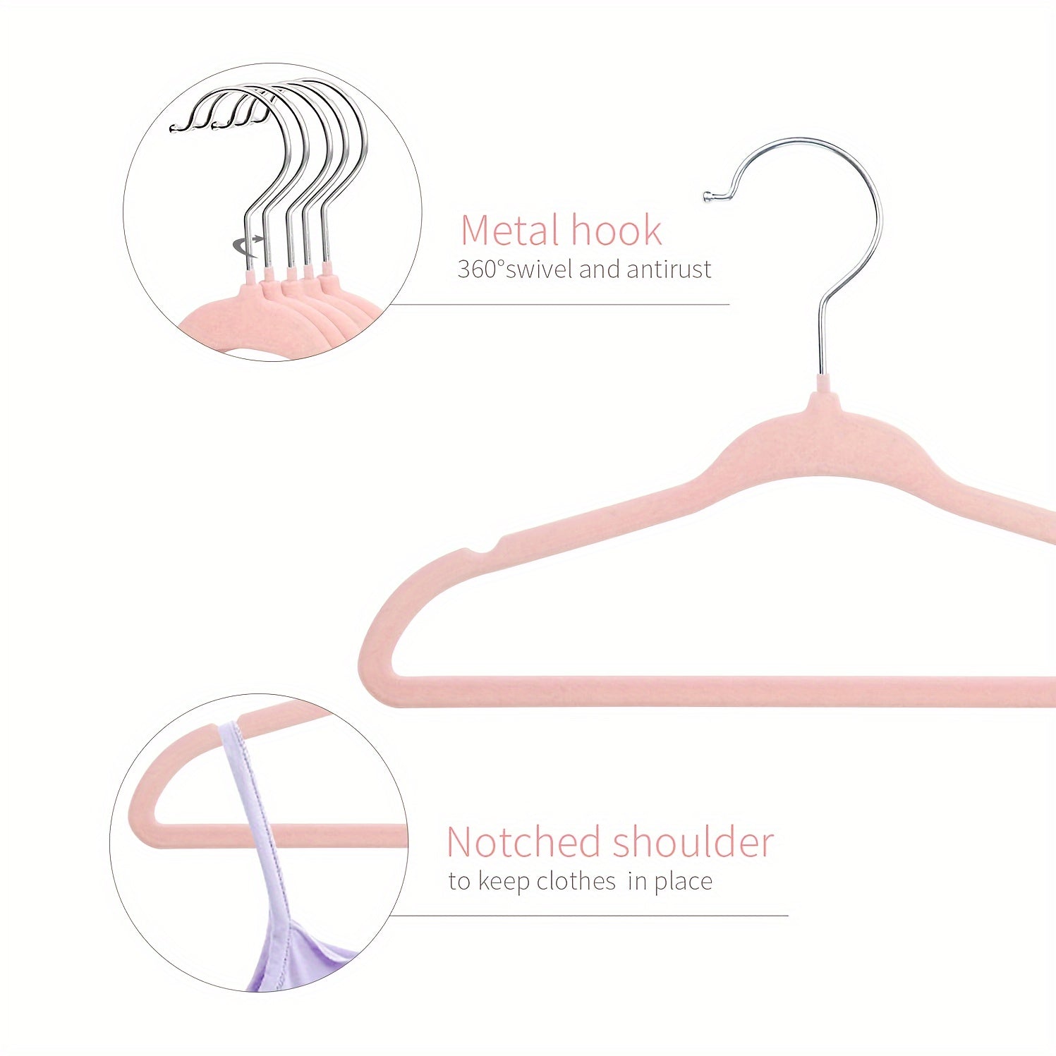 Set of 30 Pink Velvet Children's Hangers with Rotating Hooks and Gripped Shoulders