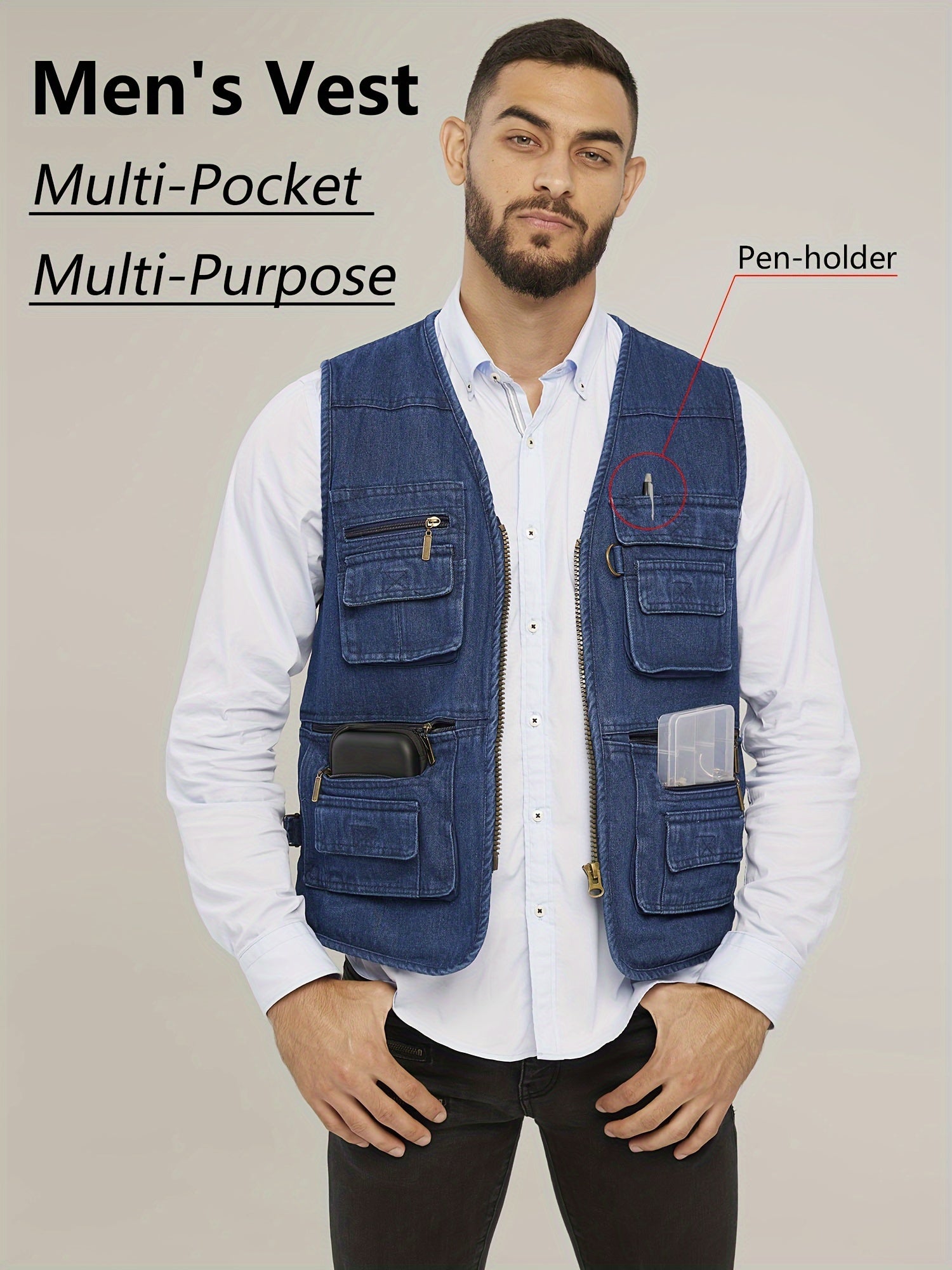 Men's Cotton Cargo Vest with Zipper Pockets for Outdoor Activities