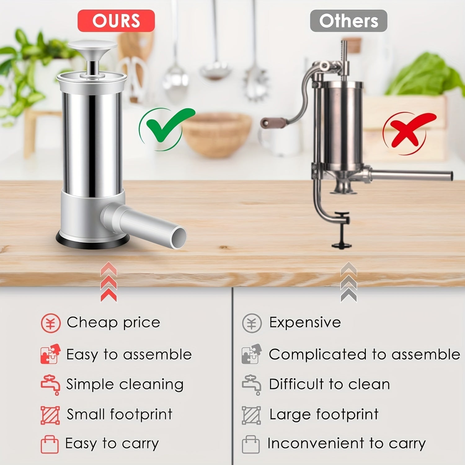 Stainless Steel Sausage Stuffer Machine with Tubes Manual Salami Maker Kitchen Tool