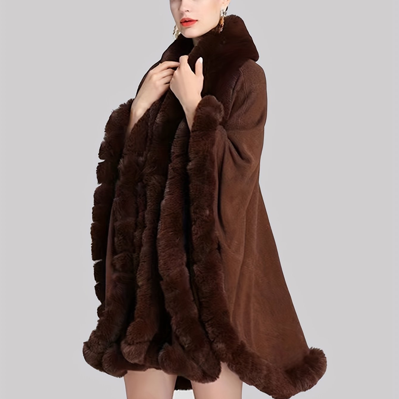 Plus Size Faux Fur Trim Cape for Women Fall Winter Open Front Shawl Solid Color