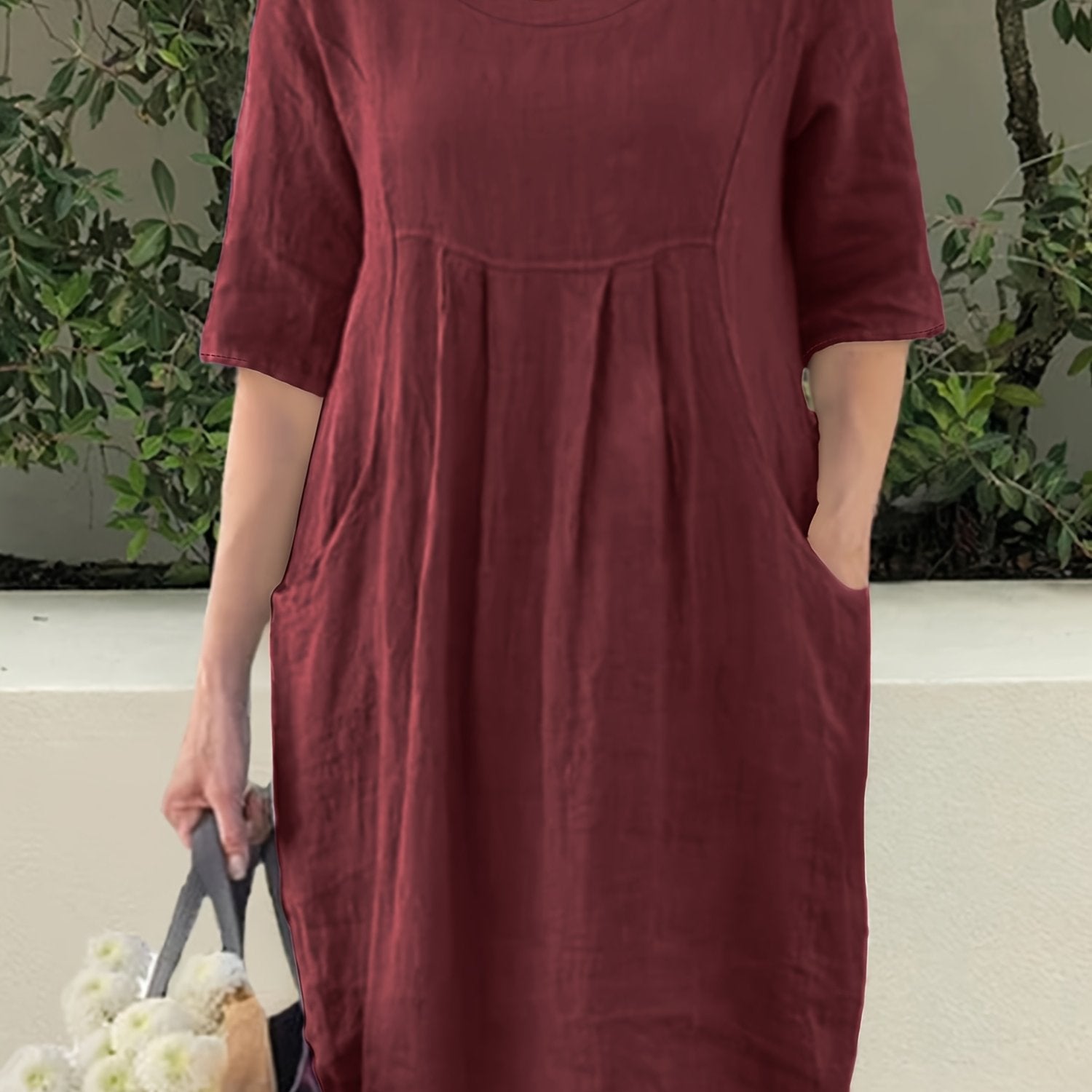 Solid Color Cotton Crew Neck Dress for Spring Fall Casual Fitted Non-Stretch