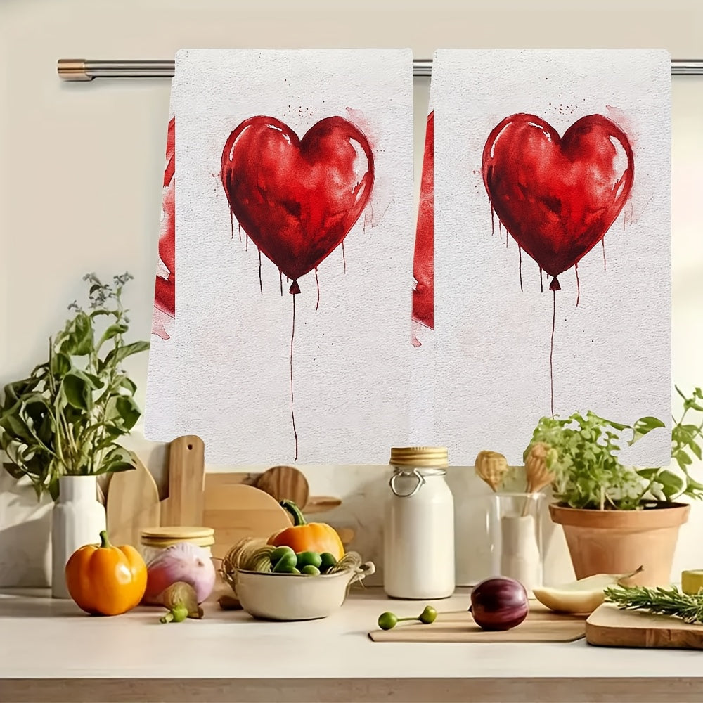 Two Pieces Ultra Soft Kitchen Towels Heart Balloon Design Absorbent Machine Washable