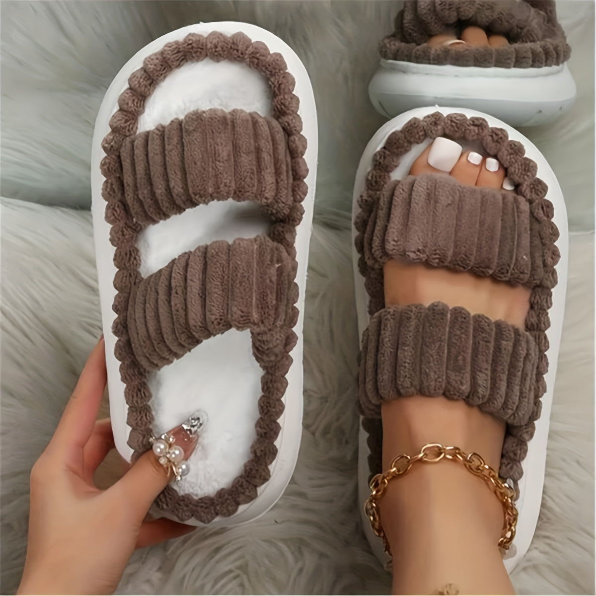 Women's Plush Slippers Open Toe Non Slip Indoor Platform Slides