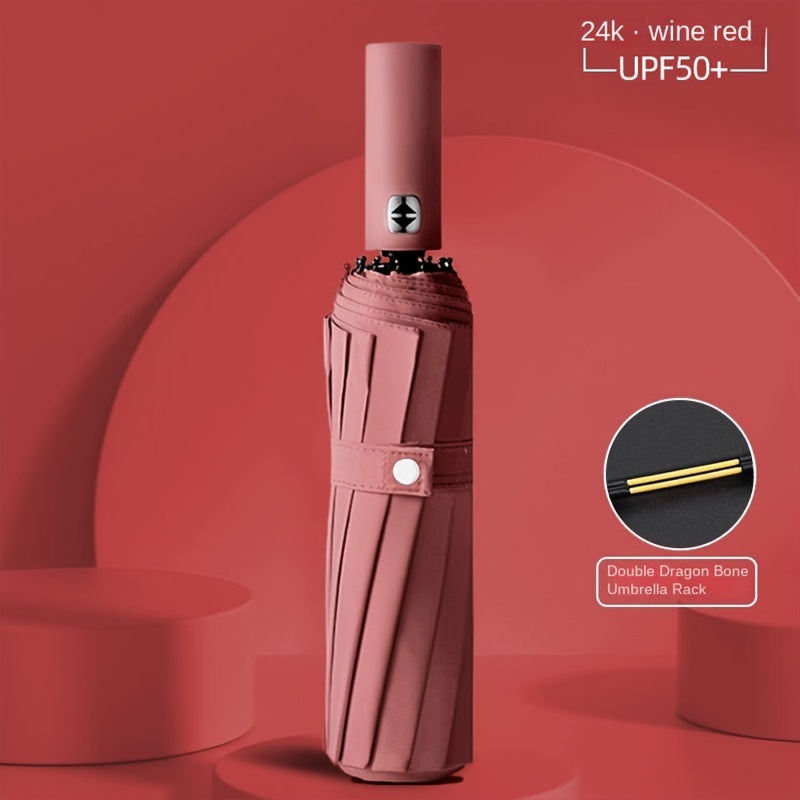 24-Rib Folding Umbrella UV Protection Windproof Waterproof Black Vinyl All Weather