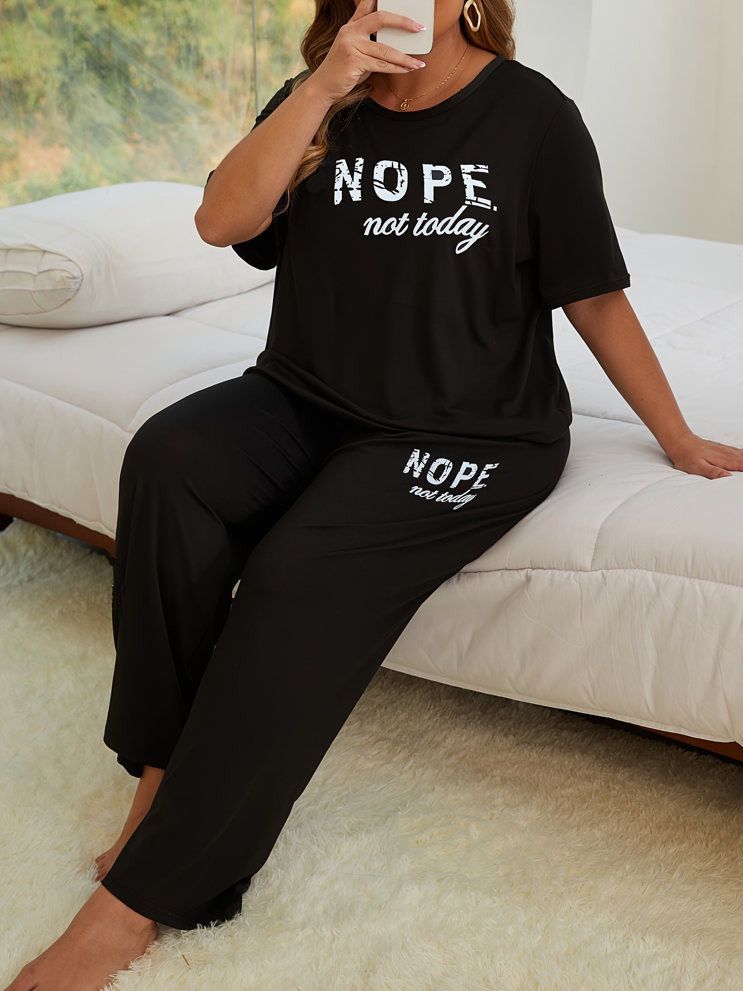 Plus-Size Polyester Loungewear Set with Slogan Print Top and Pants for Women
