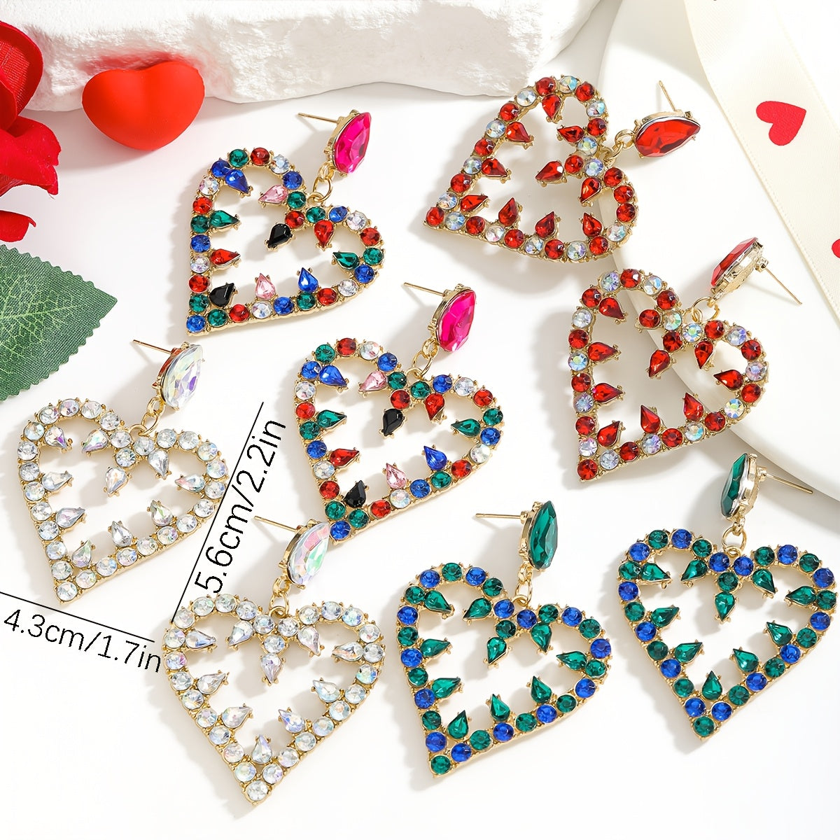 Pink and Red Heart-Shaped Rhinestone Drop Earrings for Valentine's Day Formal Occasion