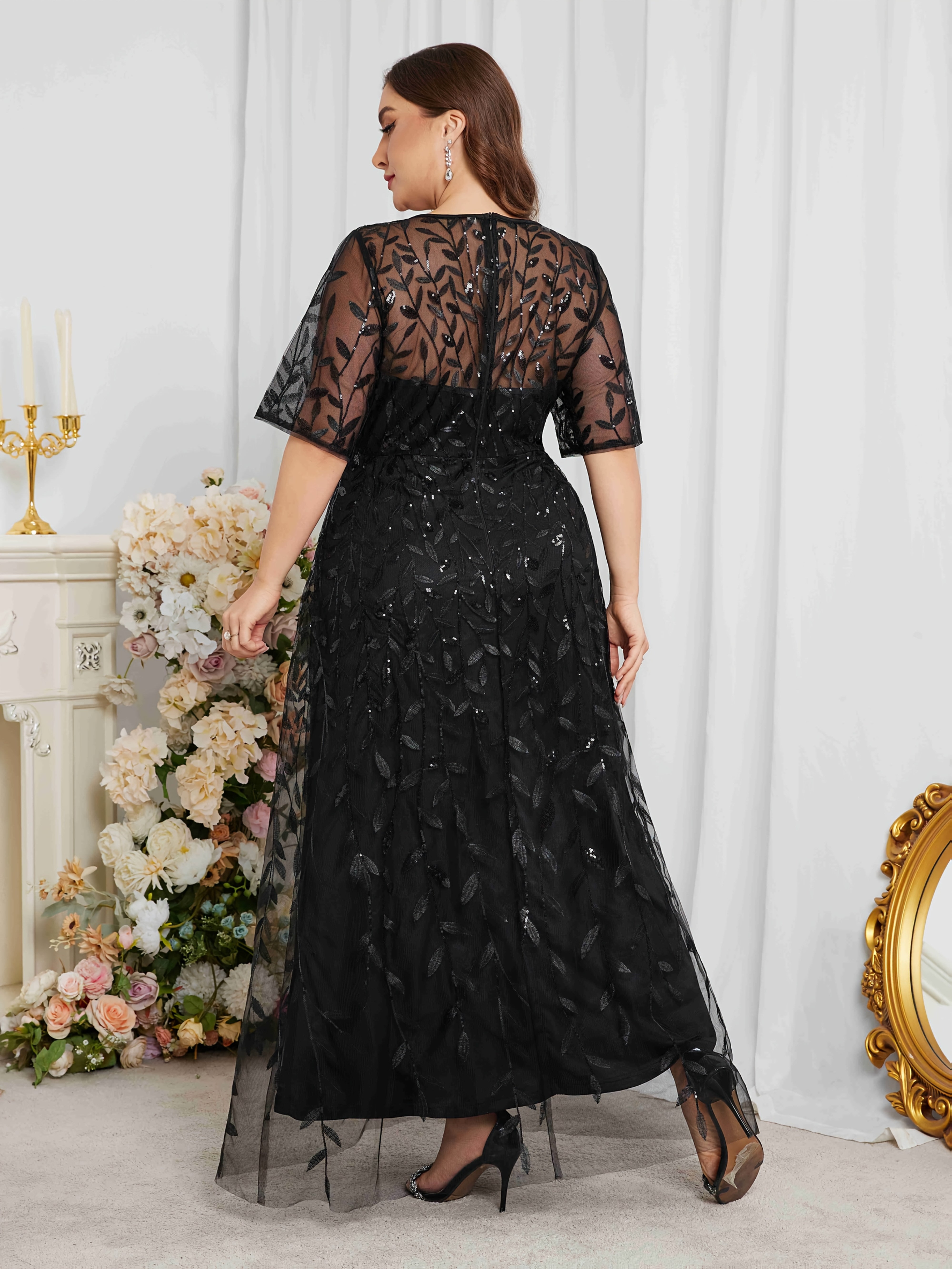 Plus Size Black Lace Trim Peplum Dress Sleeveless Floral Formal Wear