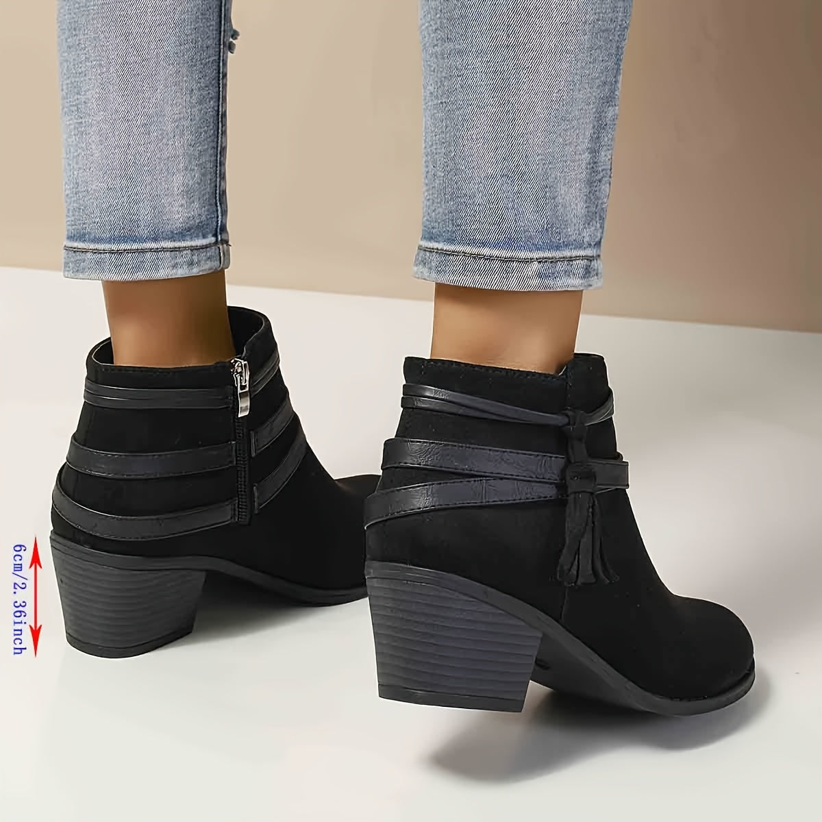 Women's Fabric Mid-Heel Ankle Boots with Tassel & Side Zipper