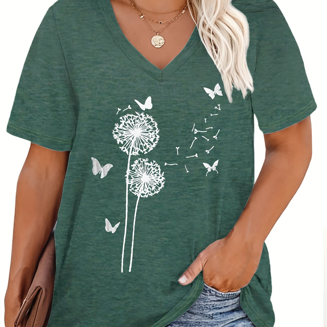 Women's Dandelion Flower Print T-Shirt Large Size Casual Cotton Tee
