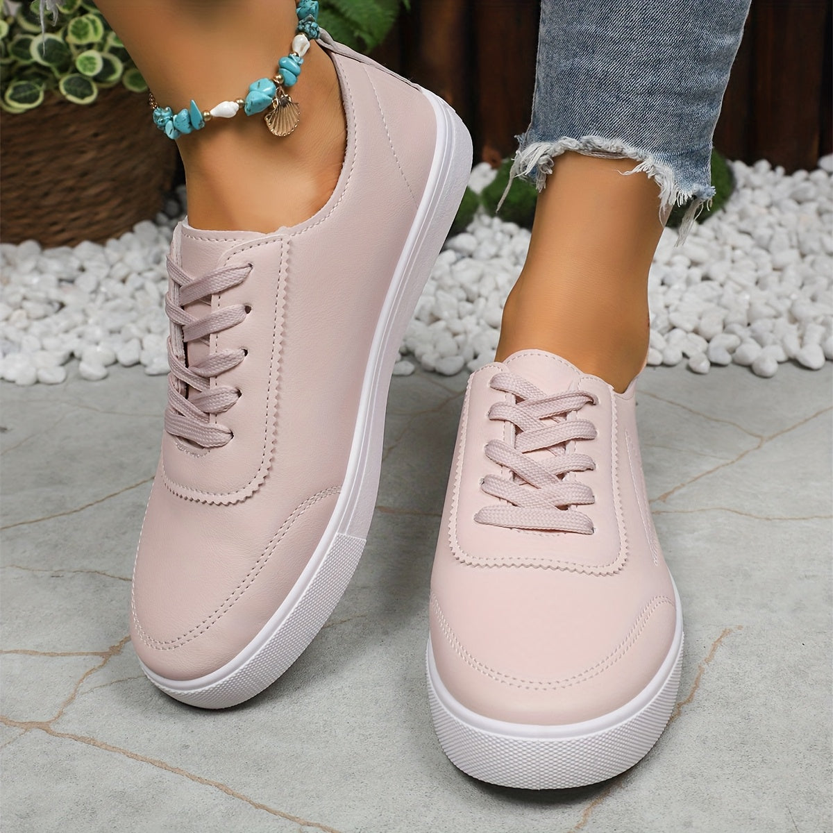 Women’s White Low-Top Sneakers Breathable Fabric Casual Shoes