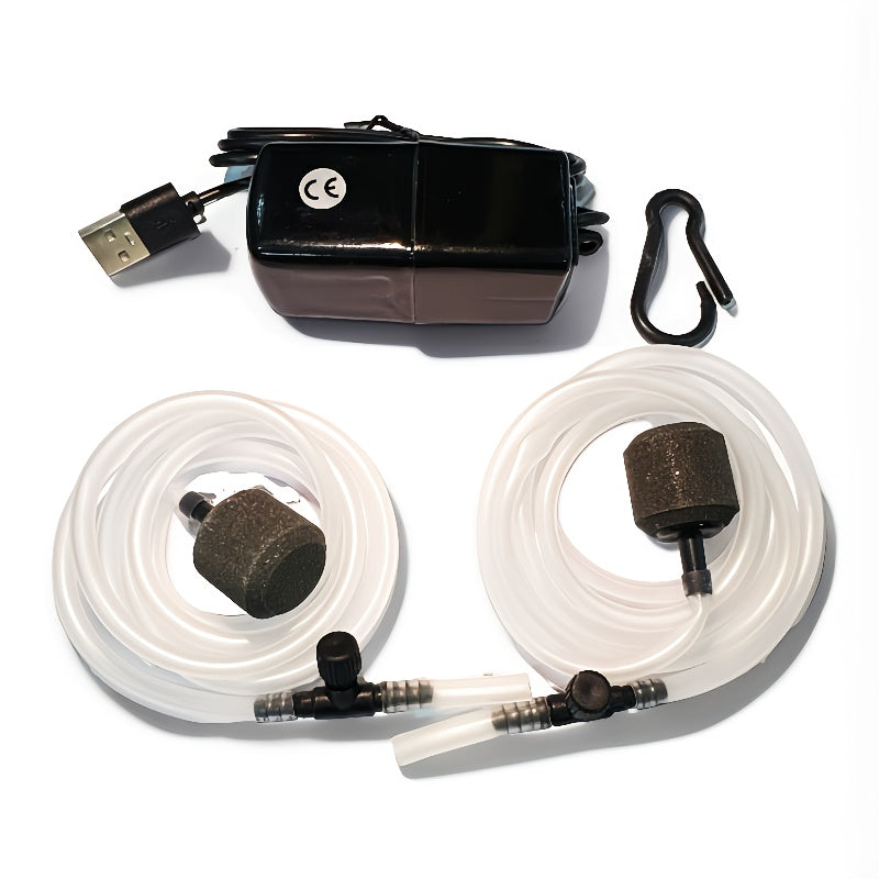 Compact USB Aquarium Air Pump with Adjustable Flow Valve and 2 Air Stones for Fish Tanks and Outdoor Use