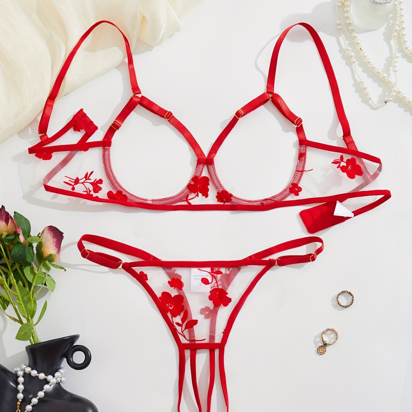 Women's Sheer Mesh Lingerie Set with Open Crotch