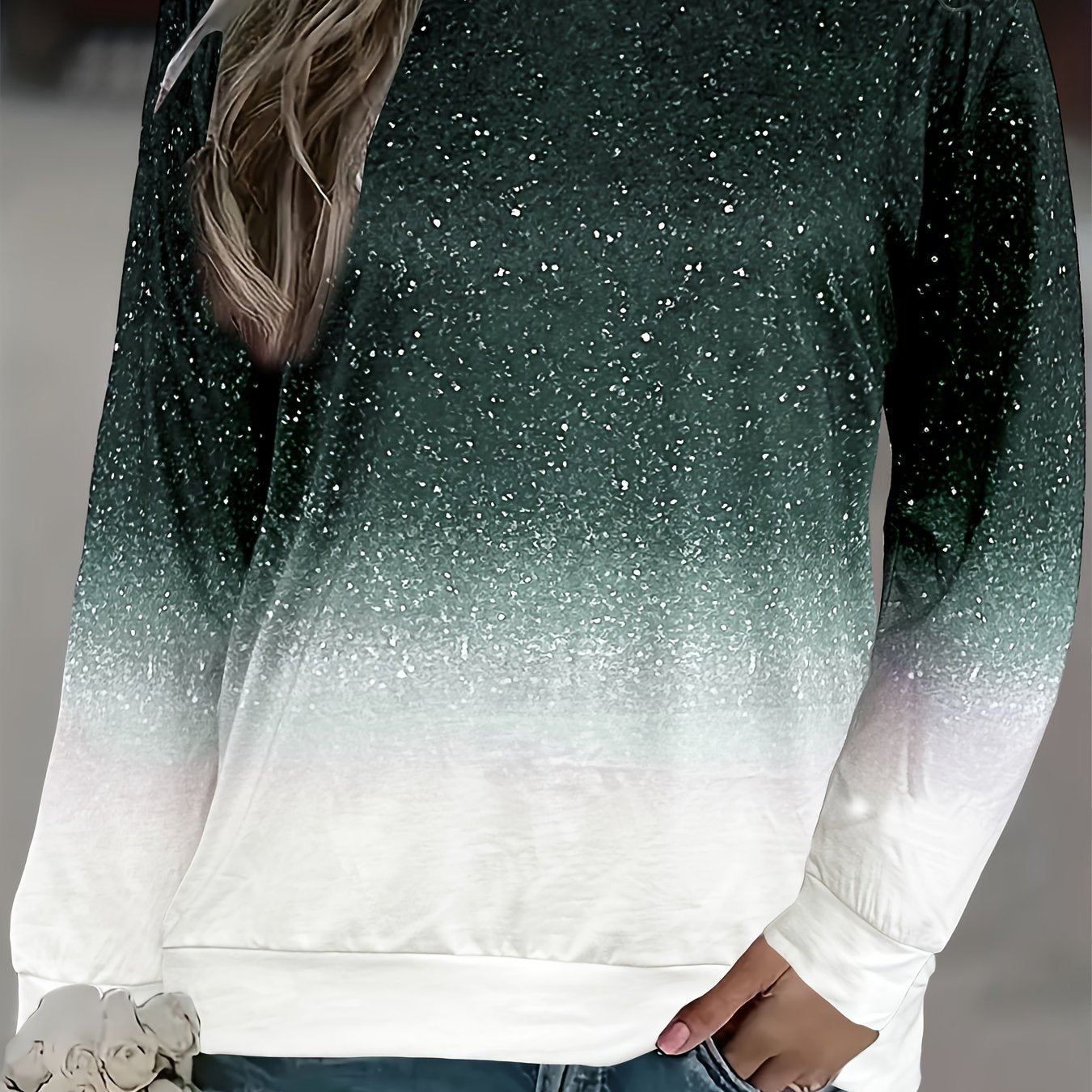 Sudadera de manga larga con estampado ombré de purpurina para mujer talla grande