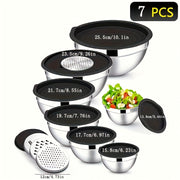 Set of 7 Stainless Steel Mixing Bowls with Black Lids and Flossing Tools