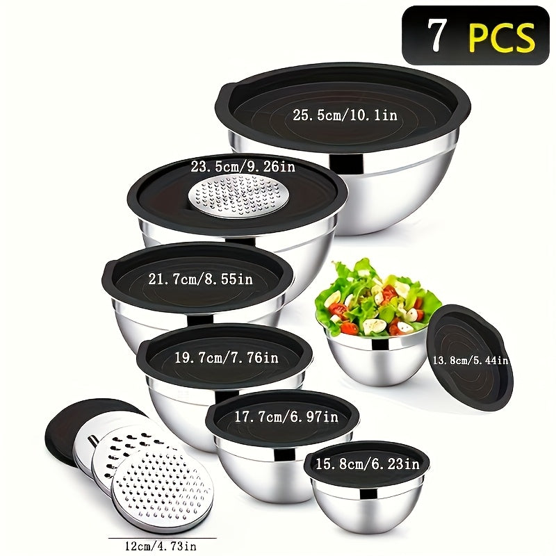 Set of 7 Stainless Steel Mixing Bowls with Black Lids and Flossing Tools