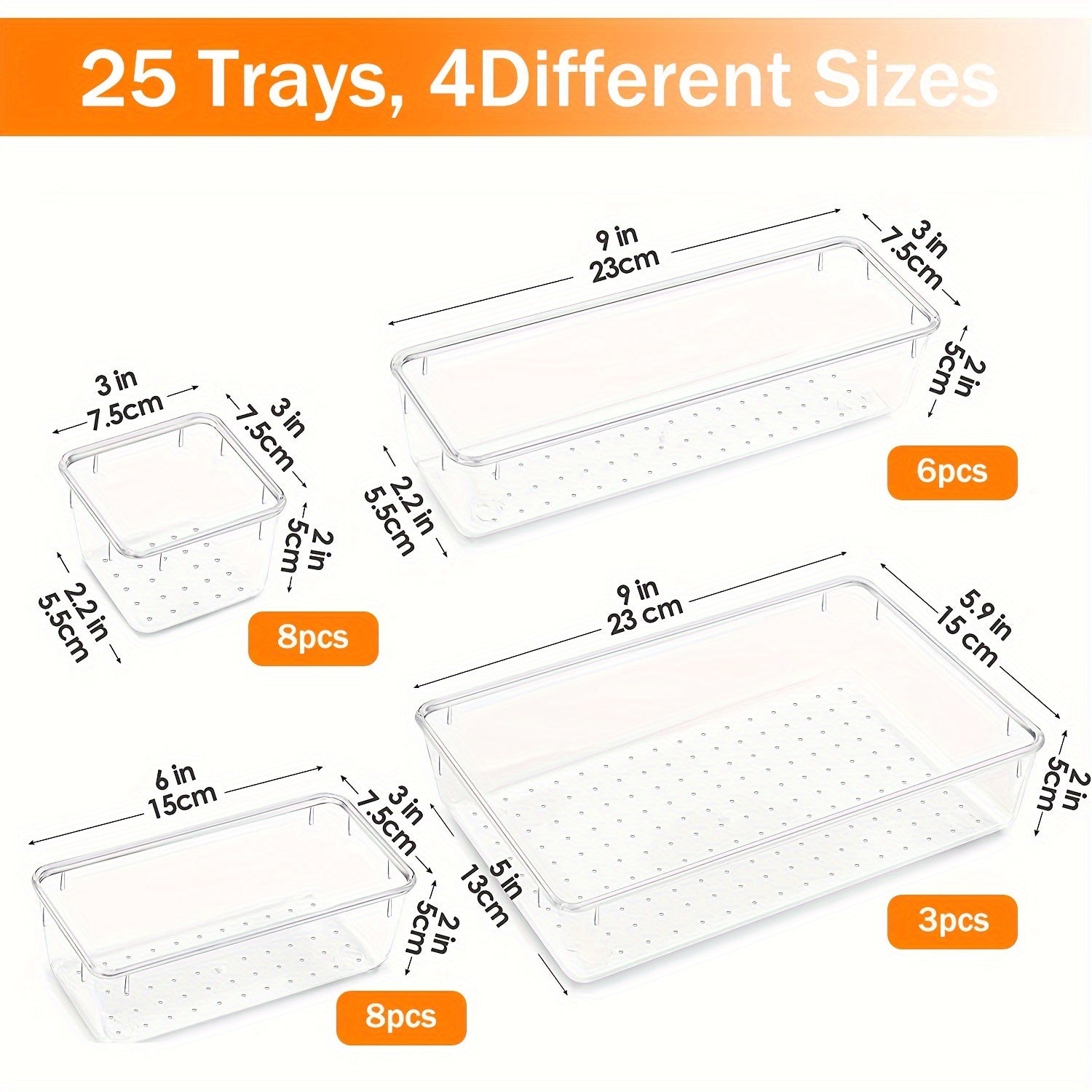 25 Pack Clear Plastic Drawer Organizer Sets for Kitchen Bathroom Office