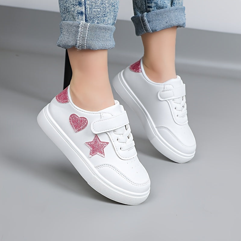 Girls' All-Season Heart and Star Pattern Sports Sneakers Low Top Lace-Up Shoes for Outdoor Activities