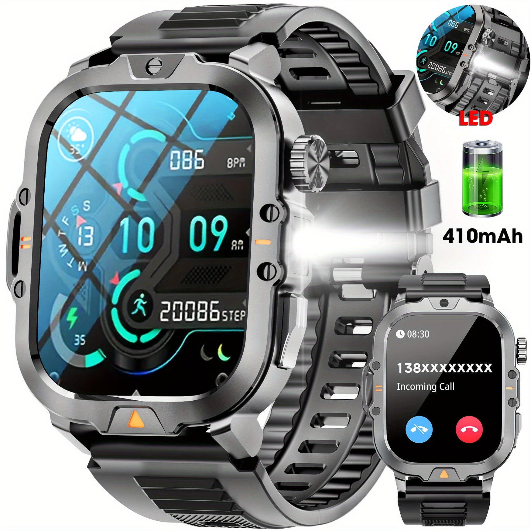LZUEFK Smartwatch erkaklar va ayollar uchun, 5.11 sm HD ekran, simsiz qo'ng'iroq, fitnes kuzatuvchi, kaloriya va pedometr, mustahkam silikon tasma bilan.