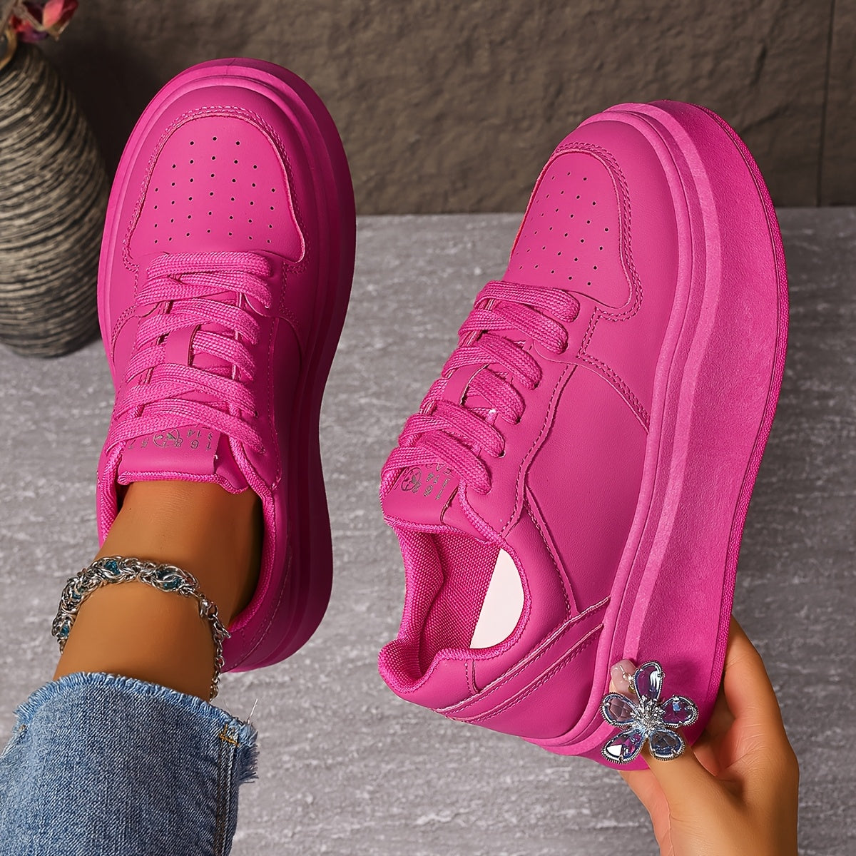 Women's Pink Chunky Sneakers All-Season Lace-Up Casual Sports Shoes