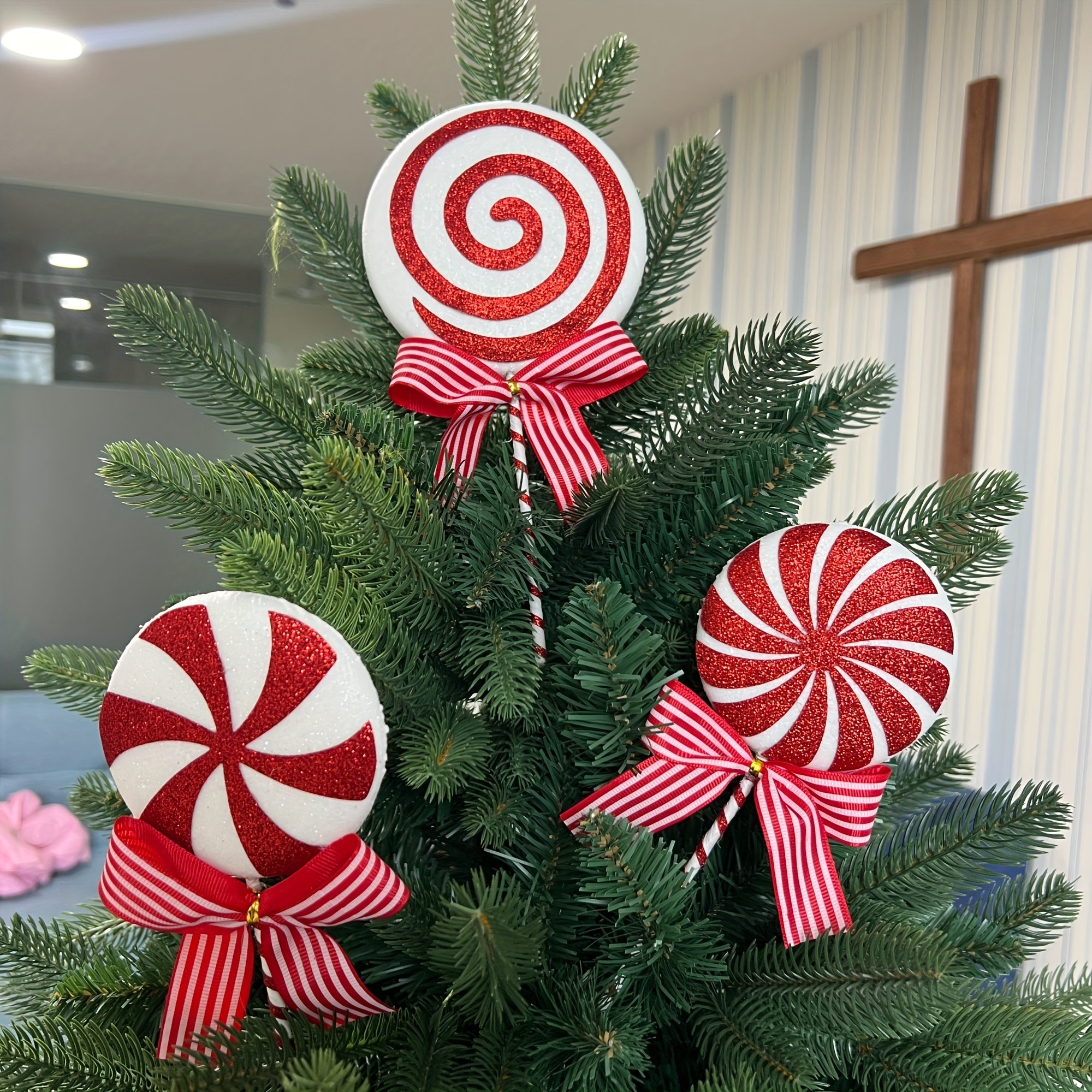 Adornos de árbol de Navidad de 3 piezas en forma de piruleta roja para decoración navideña y fiestas