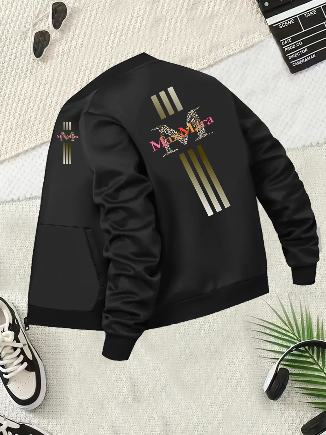 Women's Plus Size Casual Black Zip-Up Jacket with Golden Stripes