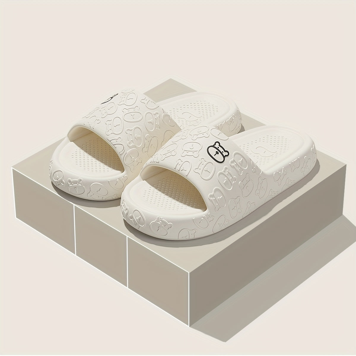 Unisex Cartoon Bear Print Slip-On Indoor Outdoor House Shoes Black Pink Size 48 49