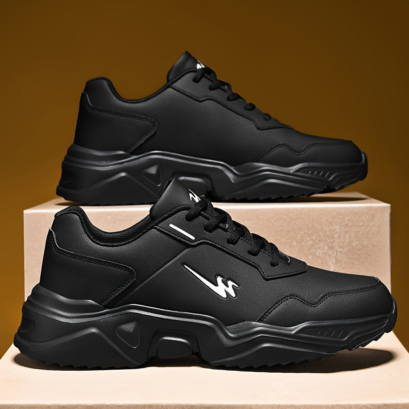 Men's Breathable PU Leather Casual Sneakers with Round Toe and Lace-Up Closure
