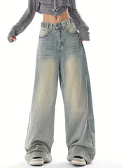 Teen Girls Wide Leg Denim Jeans Grey Vintage Wash Elastic Waist All-Season Casual
