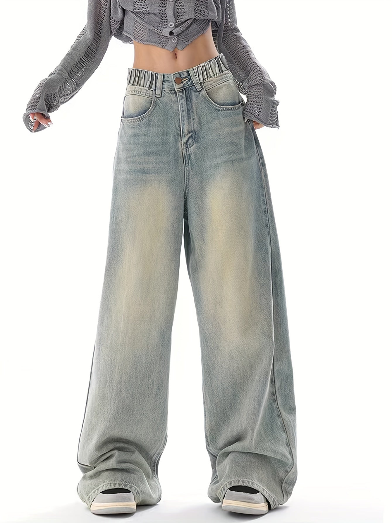 Teen Girls Wide Leg Denim Jeans Grey Vintage Wash Elastic Waist All-Season Casual