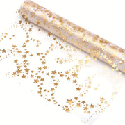 Linen Table Runner with Gold Metal Organza Stars for Christmas and Weddings