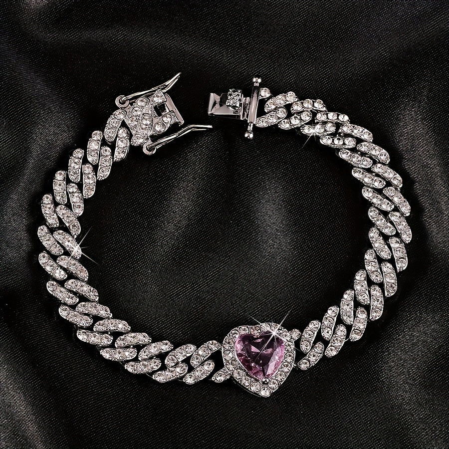 Unisex 8-Inch Hip-Hop Cuban Chain Bracelet with Rhinestone Heart Charm and Synthetic Gemstones