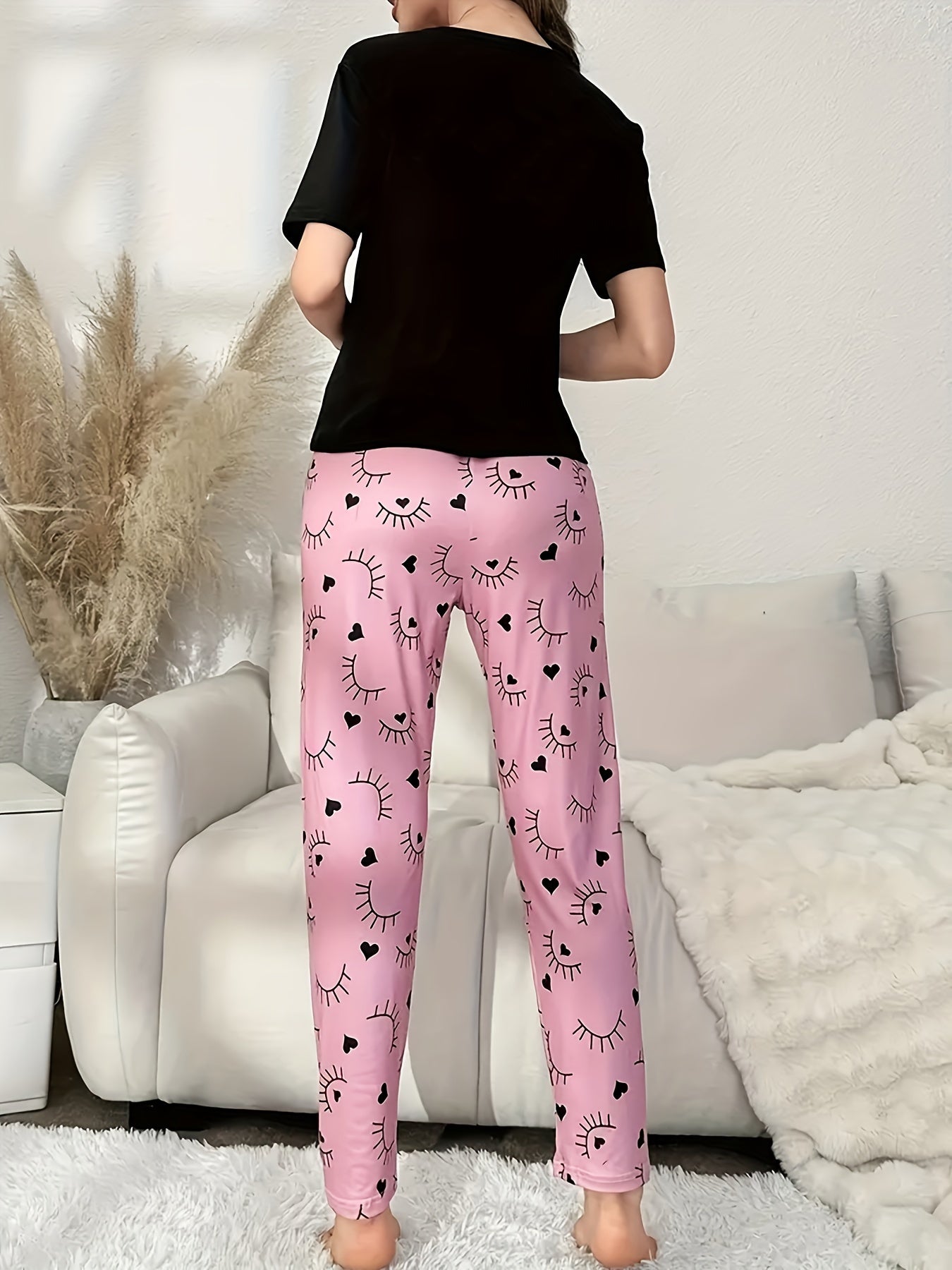 Women's Polyester Knit Pajama Set with Alphabet, Heart, and Eyelash Designs for All Seasons