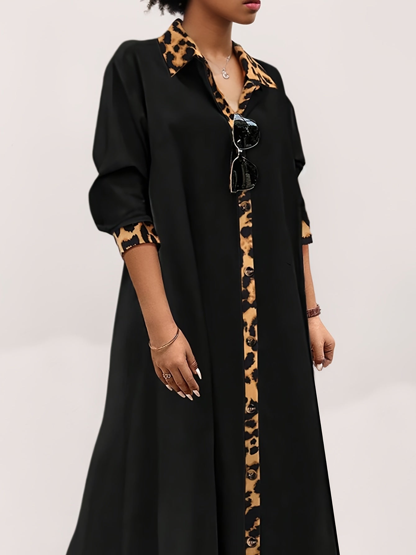 Plus Size Long Dress with Leopard Print Trim and Regular Sleeves for Women