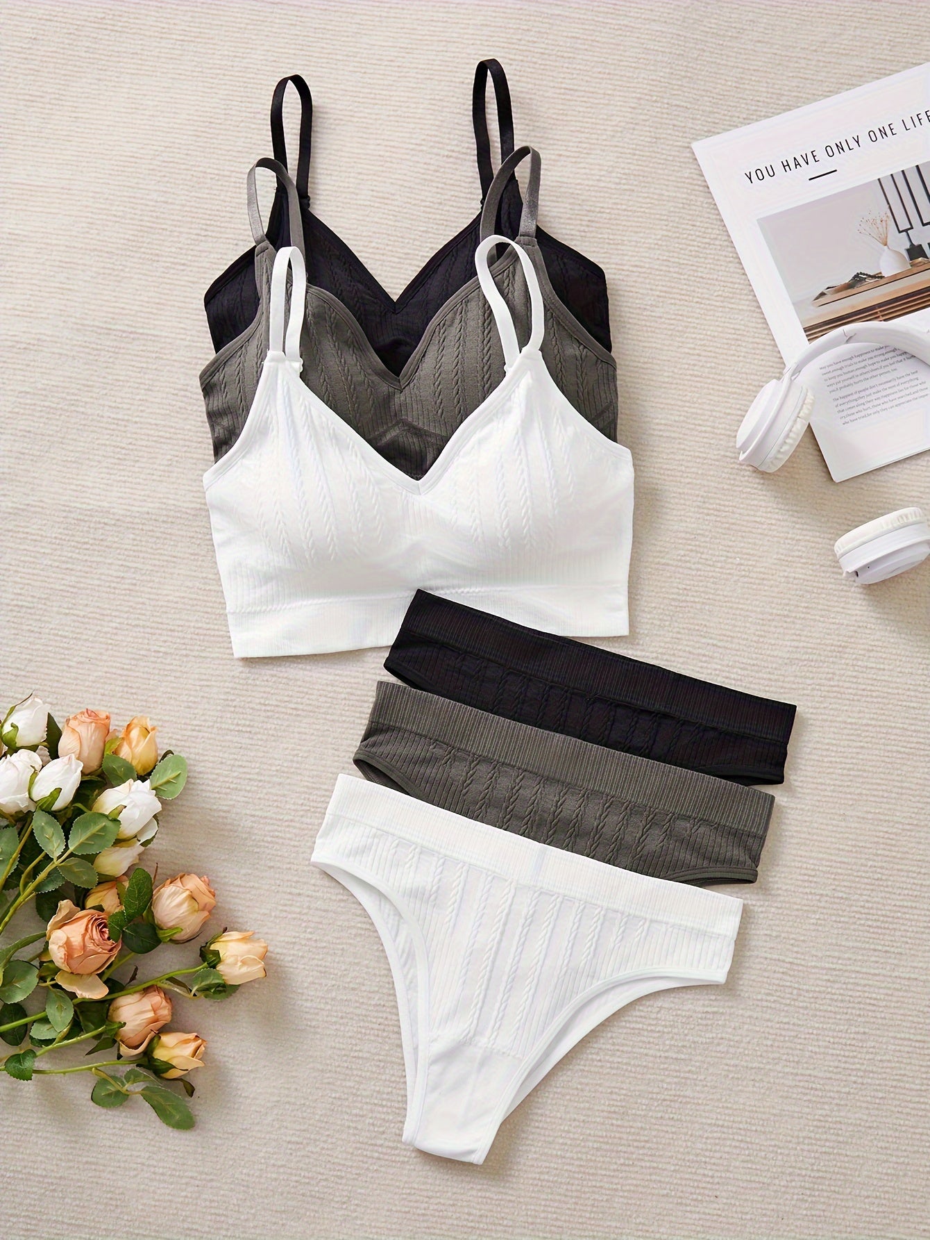 Seamless Lingerie Set for Women 6-Piece Solid Color Mid-Rise Briefs Polyamide Elastane