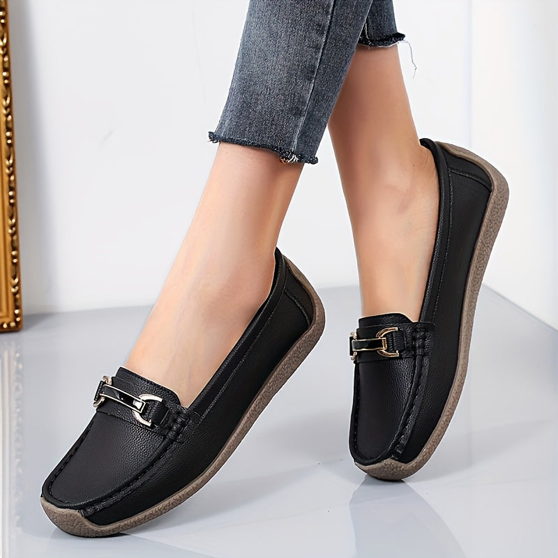 Women's Slip-On Loafers with Metal Decor Faux Leather Casual Flat Shoes