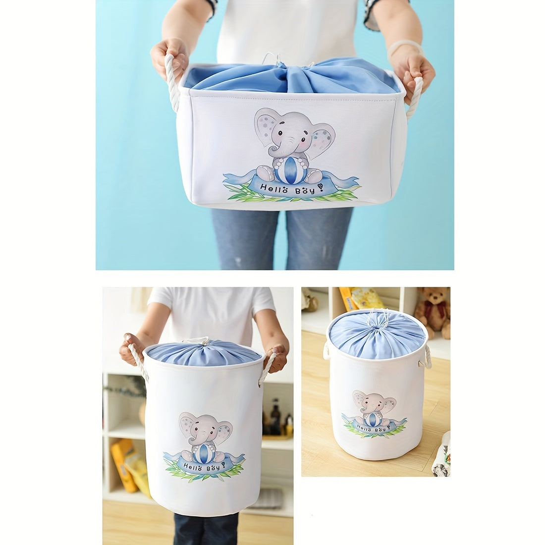 Fabric Storage Basket with Lid Collapsible Stackable Nursery Wardrobe Organizer Blue