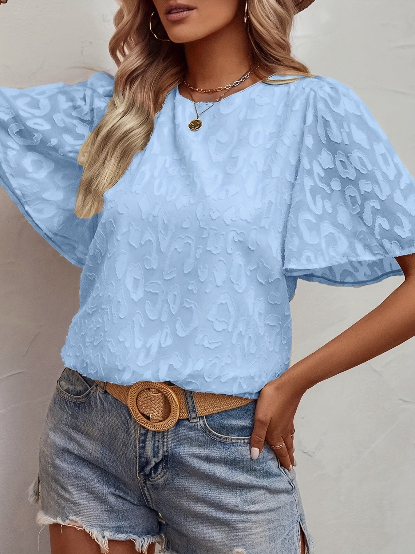 Women's Beige Jacquard Blouse with Butterfly Sleeves Elegant Style