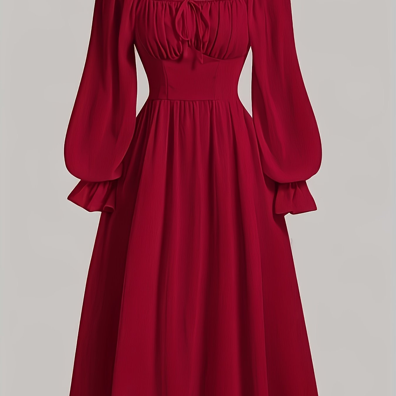 Women's Square Neck Ruched A-Line Dress with Lantern Sleeves and Ruffle Hem