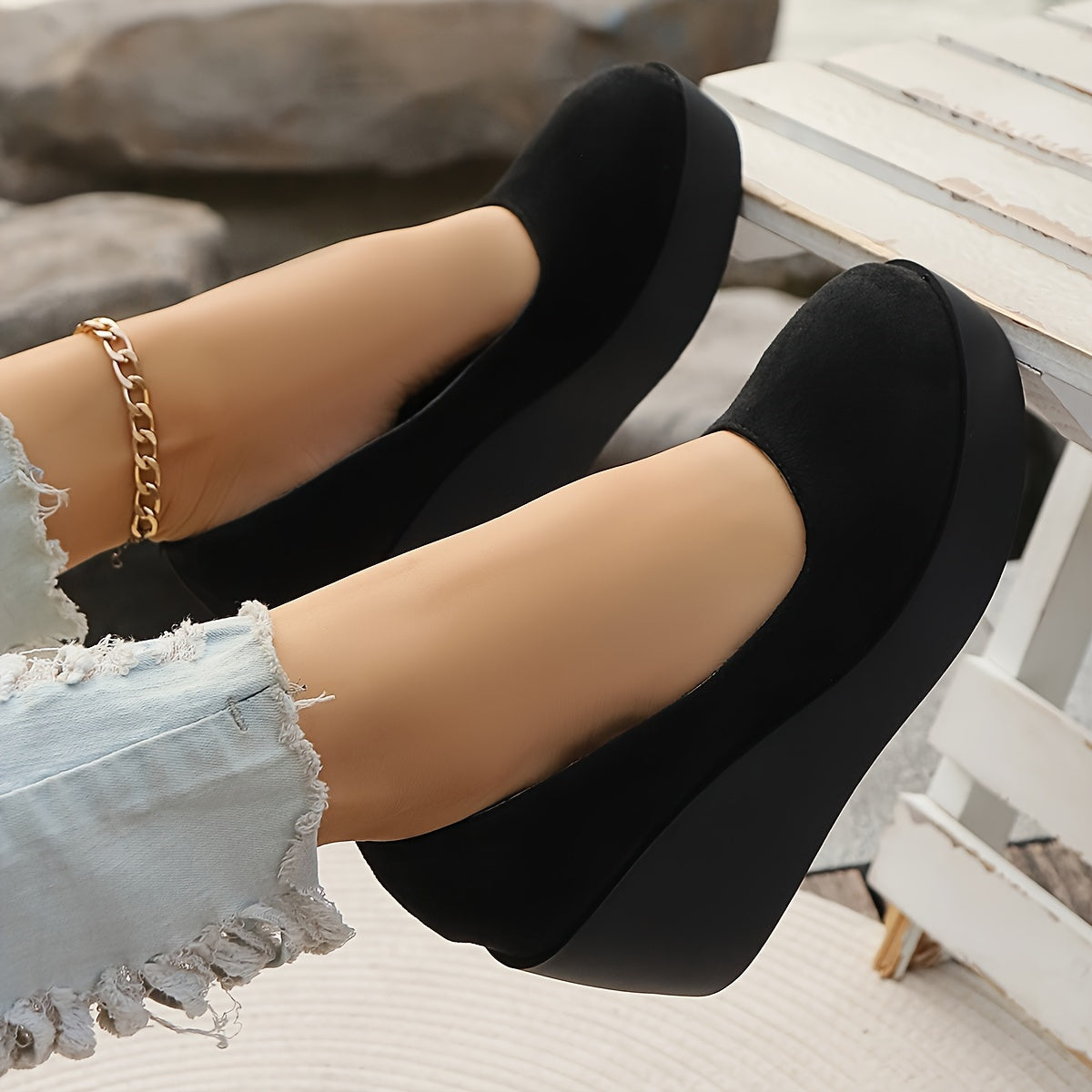 Women's Black Slip-On Platform Wedge Loafers for Casual Daily Wear