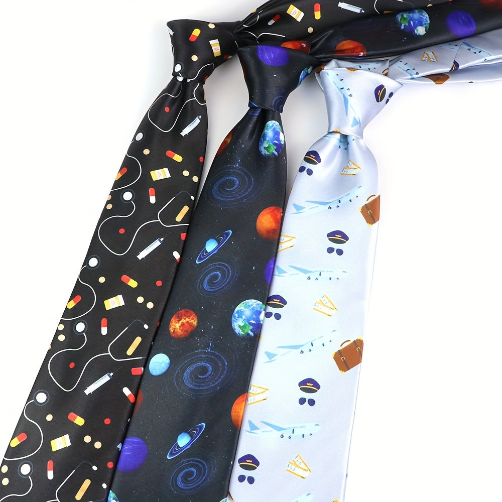 Silk-Like Printed Tie with Airplanes Planets Symbols Musical Notes Footballs for School Work Party