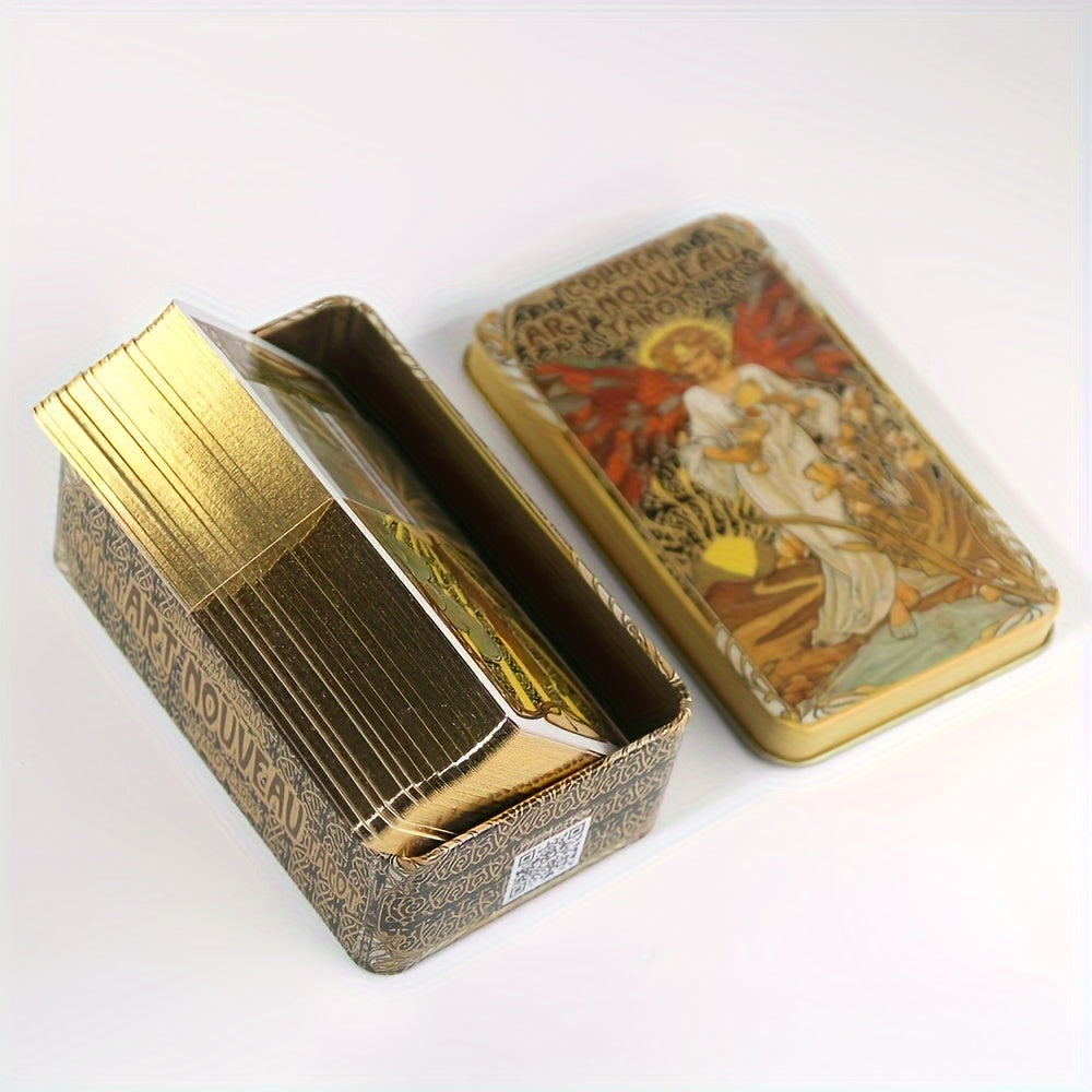 Elegant Gold Art Nouveau Tarot Cards 78-Piece Deck with Gilded Edges and Tin Box
